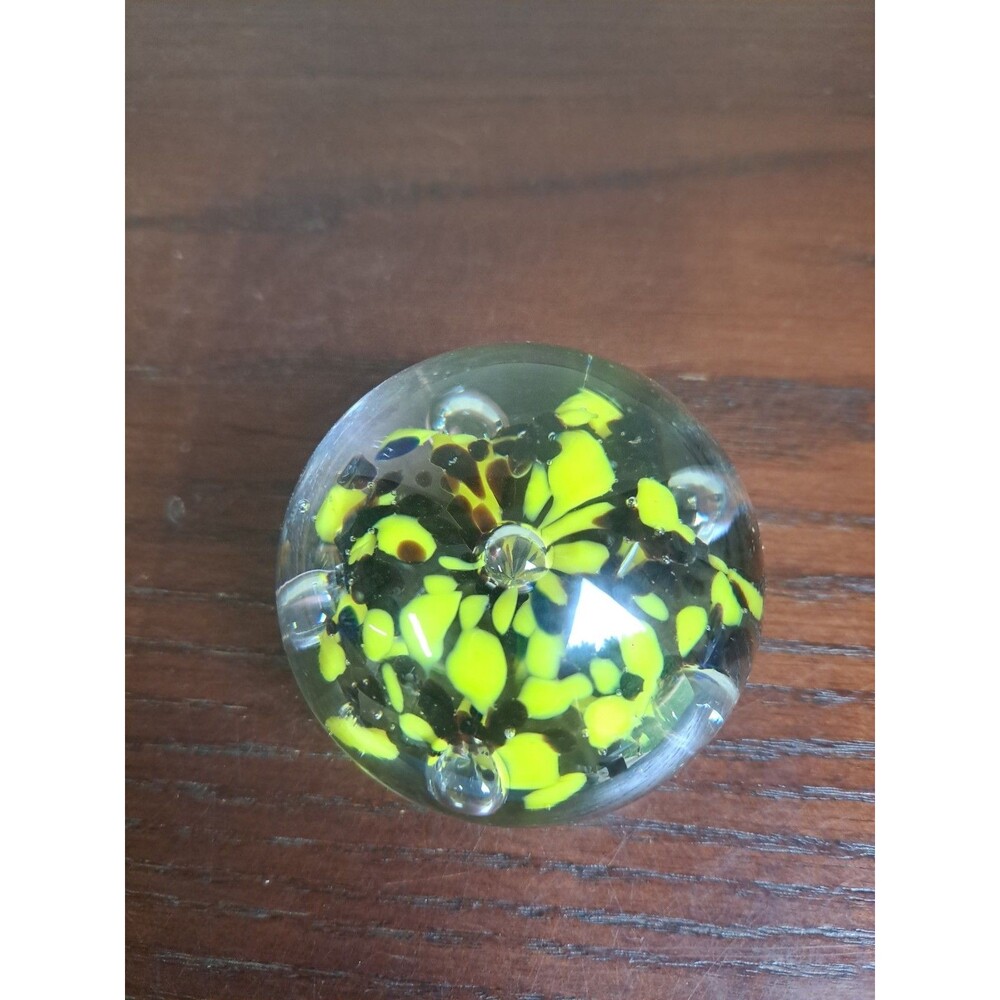 Art Glass Paperweight With Yellow With Black And Brown Spots Flower Like Center